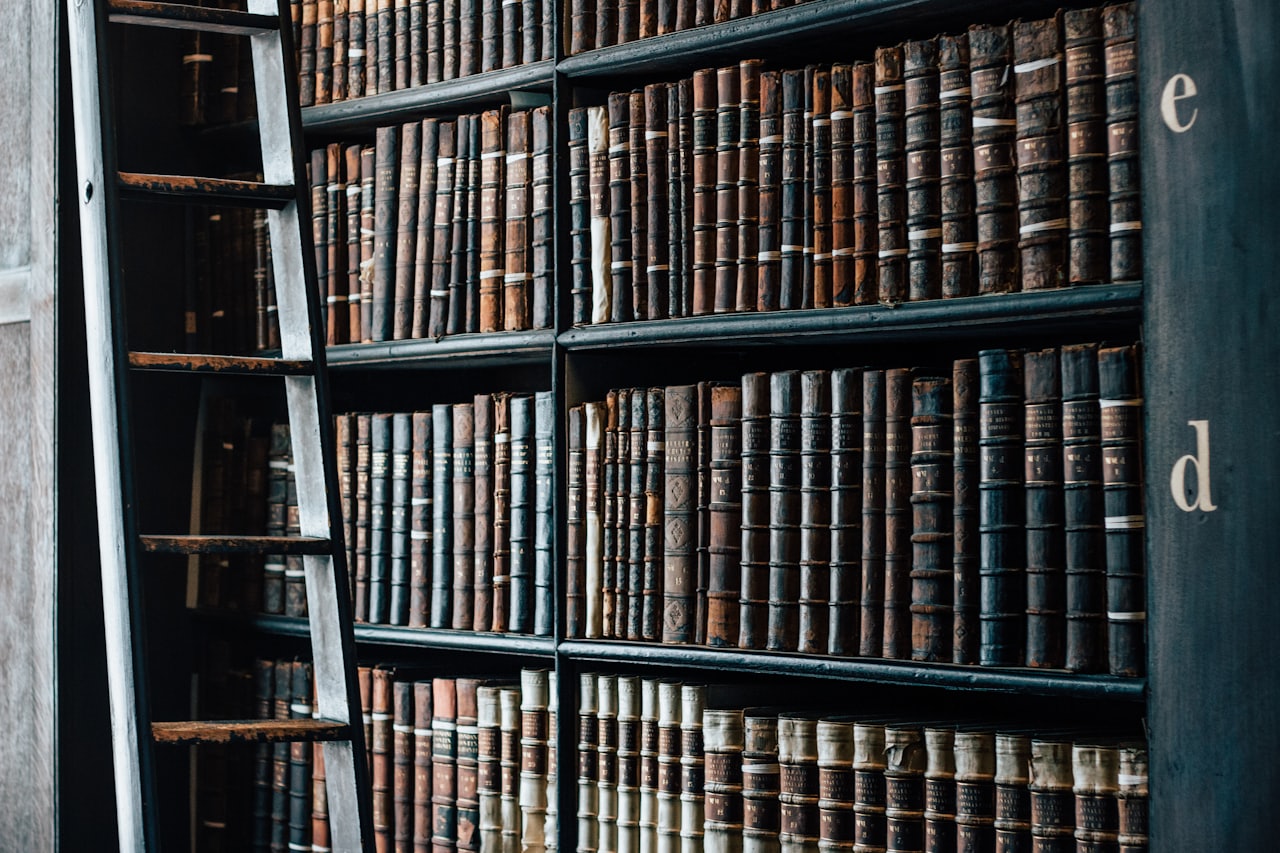 Nära bild på en bokhylla fylld med äldre böcker i ett äldre bibliotek, en stege står till vänster om bokhyllan.